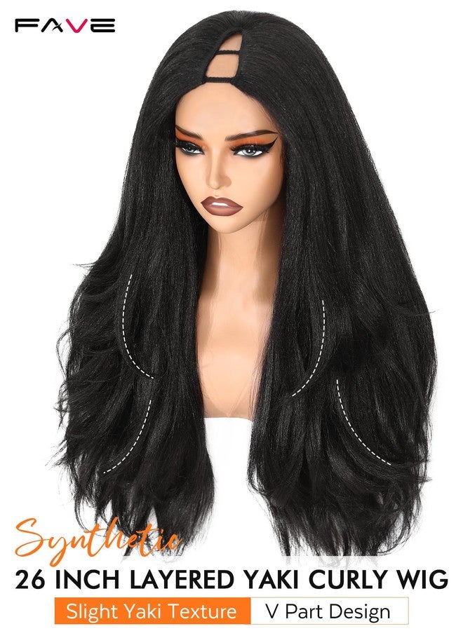 FAVE 26 Inch Yaki Curly V Part Wig Glueless Layered Half Wigs for Black Women Lightweight Synthetic Wigs Heat-Resistant Hair Replacement Wig Wear And Go - Image 2